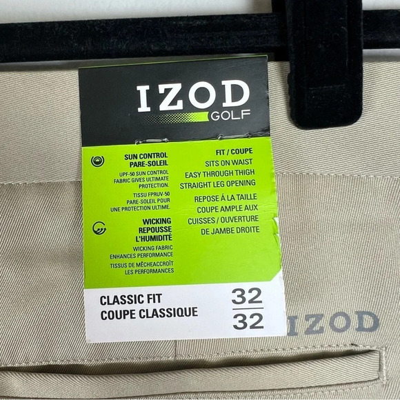 Izod Mens Golf Pants Khaki Beige Classic Fit Flat Front Chino Business 32x32 NWT - Picture 8 of 11
